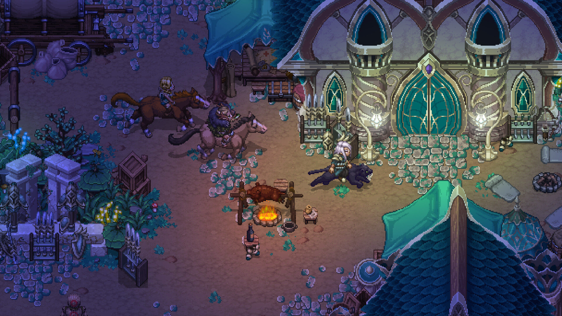 Drakantos open world town scene with characters and mounts